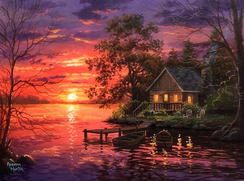 Hiding Place, boat, attractions in dreams, paintings, sunrise, summer, love four seasons, lakes, cottages, cabins, nature HD wallpaper