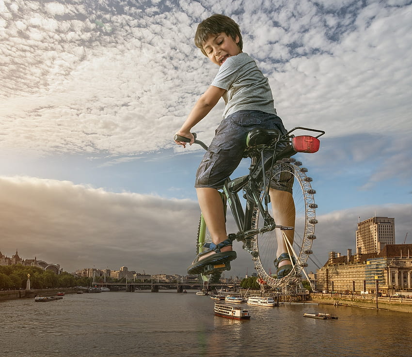 London Eye, situation, copil, adrian sommeling, creative, fantasy, boy, bike, giant, child HD wallpaper