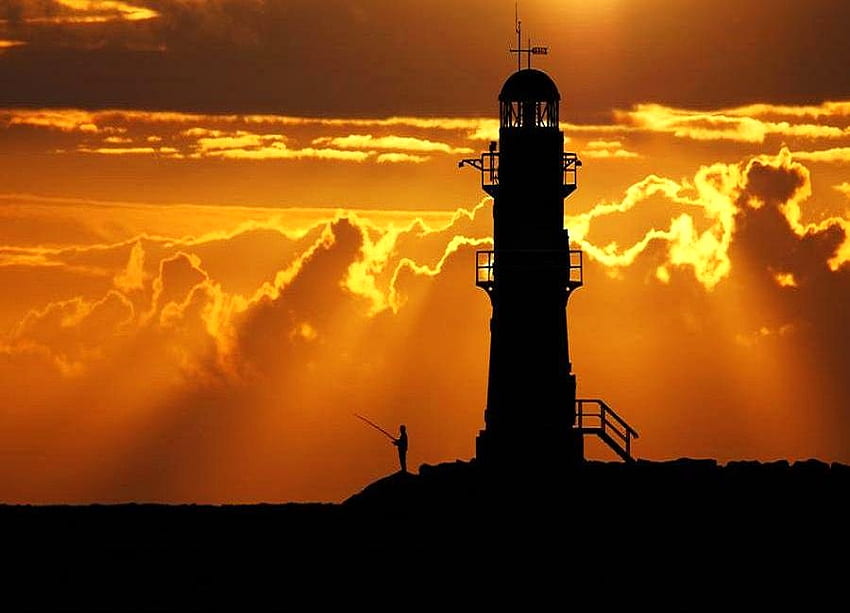 Sunset lighthouse, rays, lighthouse, fisherman, clouds, sunset, golden orange sky HD wallpaper