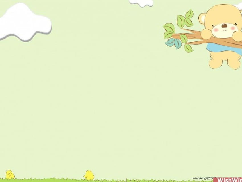 Bergantung di sana, boneka beruang, daun, burung kuning, cabang pohon, awan, rumput Wallpaper HD