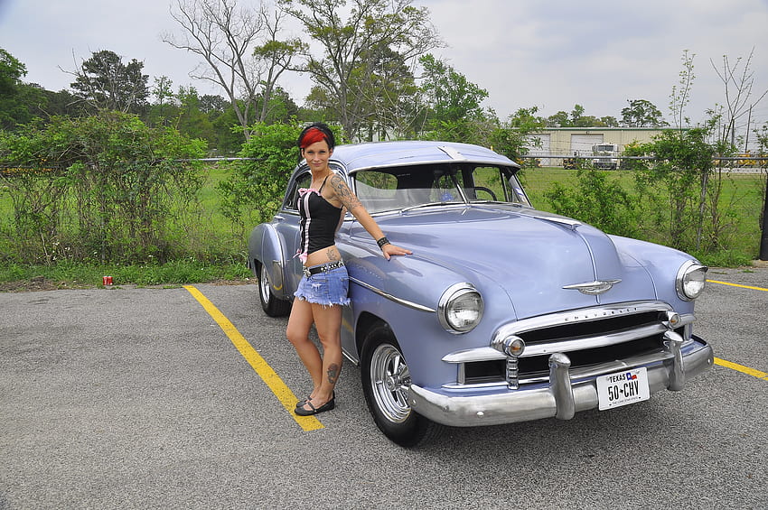 1950 CHEVY, girl, chevy cars, bikes, car HD wallpaper