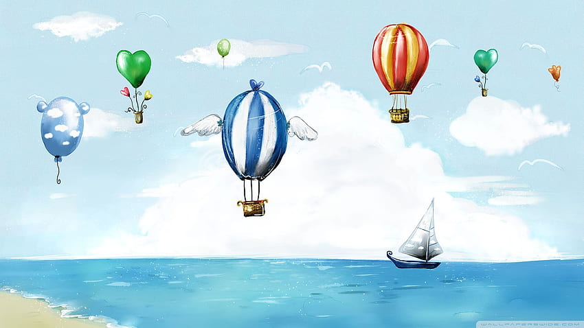 熱気球フェスティバル。 空飛ぶ気球、ビーチのイラスト、グラフィックの背景、漫画の熱気球 高画質の壁紙