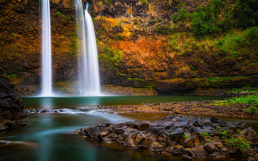 Air Terjun Wailua, air terjun, Sungai Wailua, bebatuan, Pulau Kauai, Hawaii, danau yang indah, AS Wallpaper HD