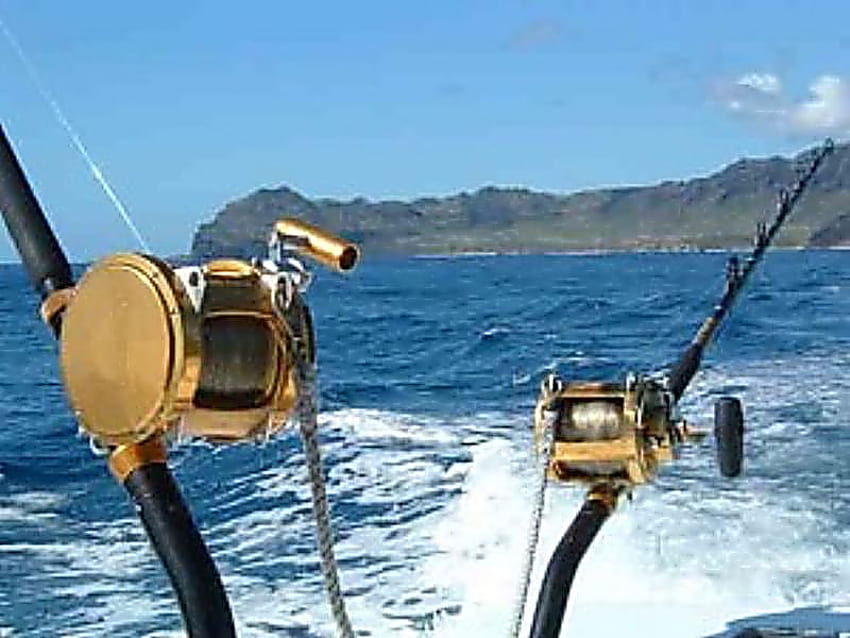 Power Penn Reels, boat, gold reels, blue sea, mountain HD wallpaper