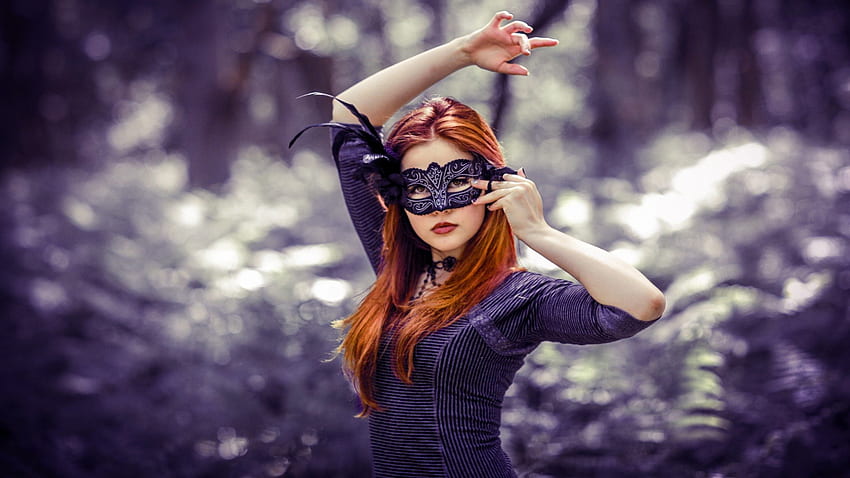 masked redhead, mask, , , beauty, abstract, adorable, female, model, woods, girl, beautiful, people, woman, SkyPhoenixX1, girls, women, redhead, forest HD wallpaper