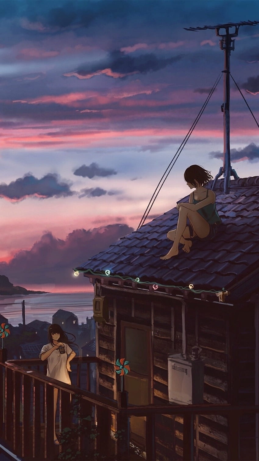 Anime Landscape: Rooftop at sunset anime background