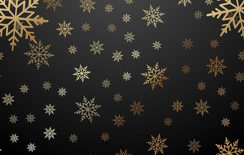 winter, snowflakes, gold, New Year, Christmas, golden, black background, gold, black, Christmas, winter, background, New Year, snowflakes for , section текстуры HD wallpaper