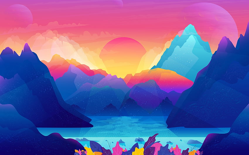 Sun, mountains, gradient, colorful, art HD wallpaper
