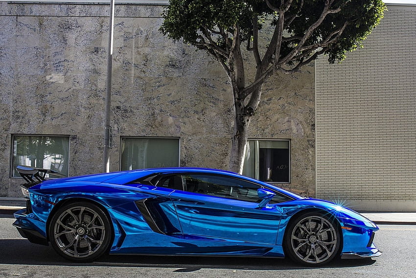 Blue-Chrome-Lamborghini Aventador, Wing, Exotic, Lambo, Blue HD wallpaper