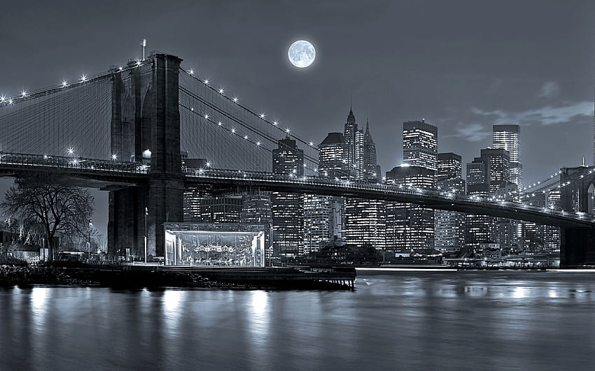 New York City USA Manhattan Bridges Moon river HD wallpaper