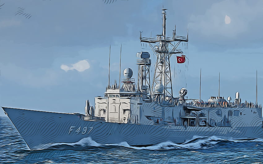 TCG Goksu, F-497, , vector art, TCG Goksu drawing, Turkish Naval Forces, creative art, TCG Goksu art, F497, vector drawing, abstract ships, TCG Goksu F-497, Turkish Navy HD wallpaper