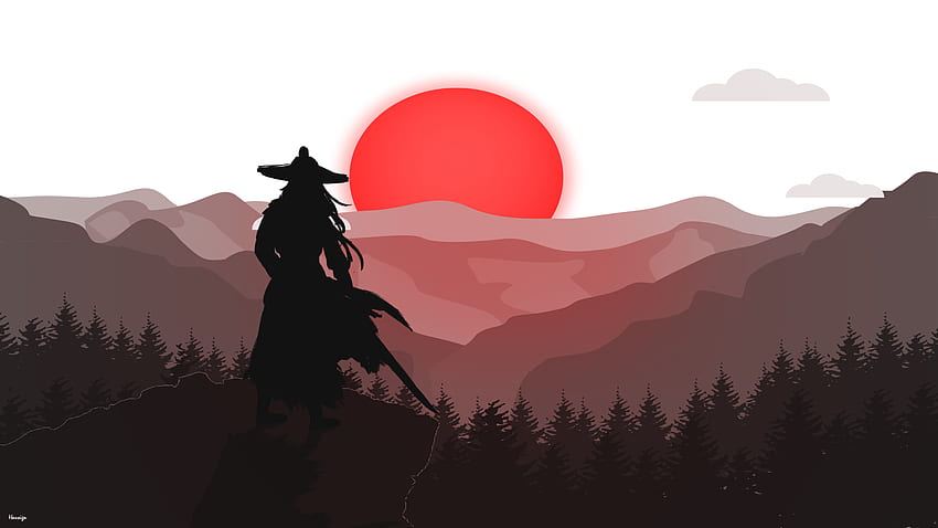 samouraï, lune rouge, montagnes, Japon, guerre, Art japonais, katana, arbres, art numérique, Blood Samurai Fond d'écran HD