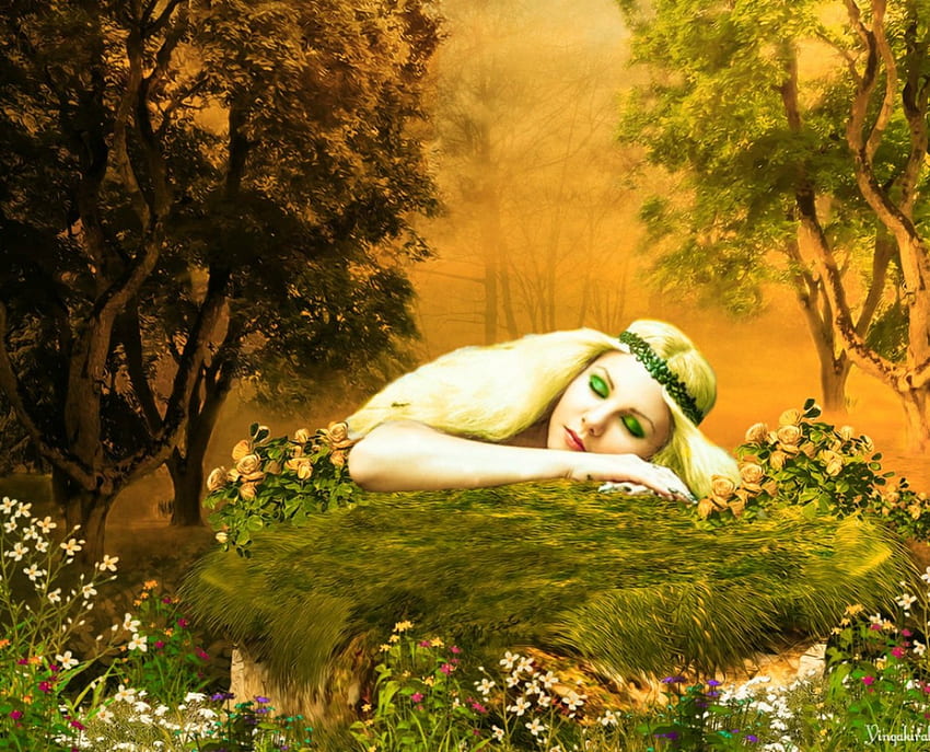 Bela Adormecida, jardim, dormir, fantasia, mulher papel de parede HD