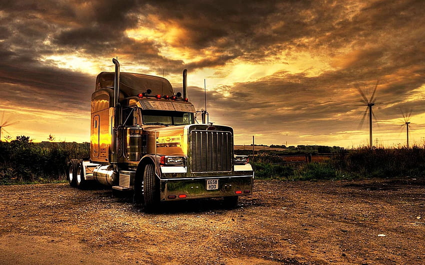 Kenworth W900, amerikan kamyonu, treyler, akşam, gün batımı, ABD, Kenworth for çözünürlükle . Yüksek kalite HD duvar kağıdı