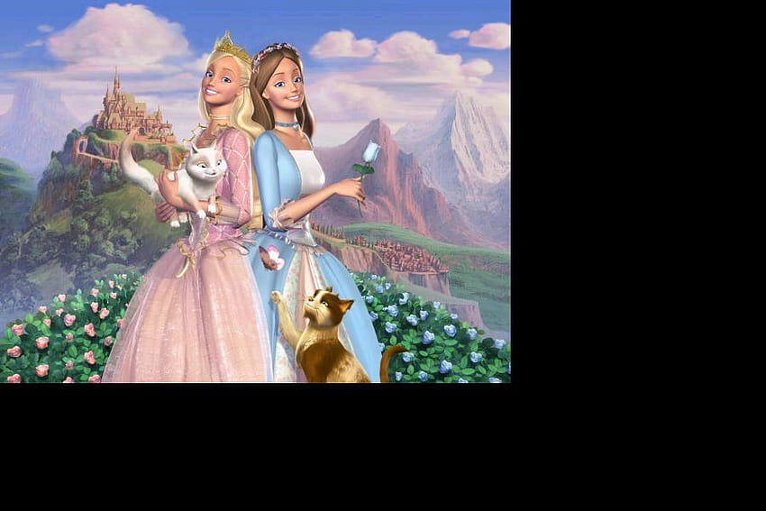 Barbie, niebieski, róże, uśmiech, kot, różowy, kwiat, film, szczęśliwy, księżniczka, zamek, góry Tapeta HD