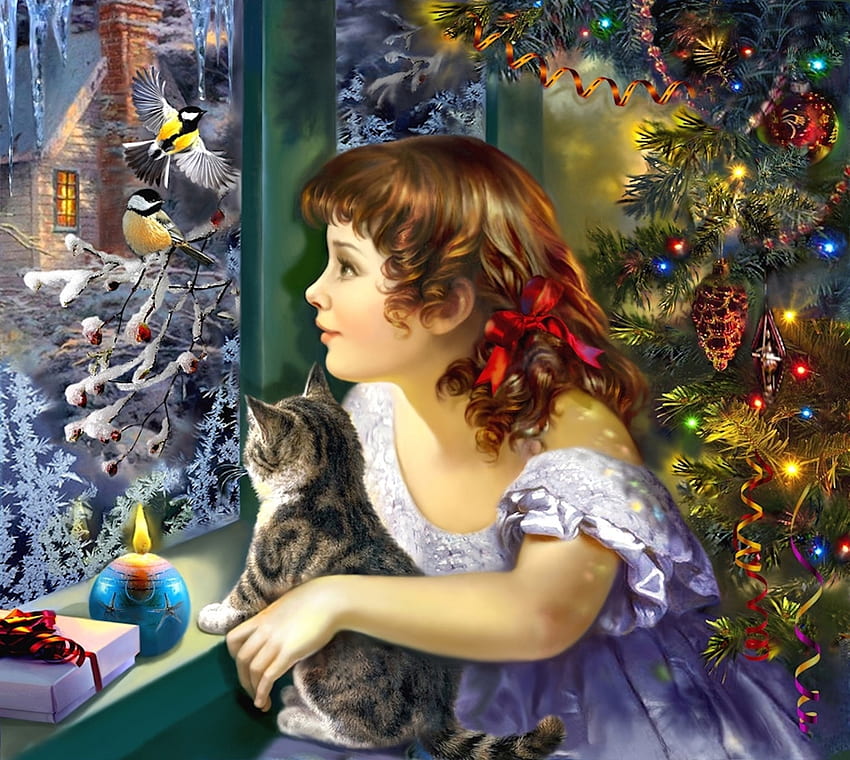Magic of Christmas, birds, Christmas, candle, ornaments, cat, tree HD wallpaper