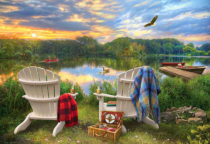 Lakeshore, eagle, boats, trees, forest, people, sunset, lake, chairs, artwork, painting HD wallpaper