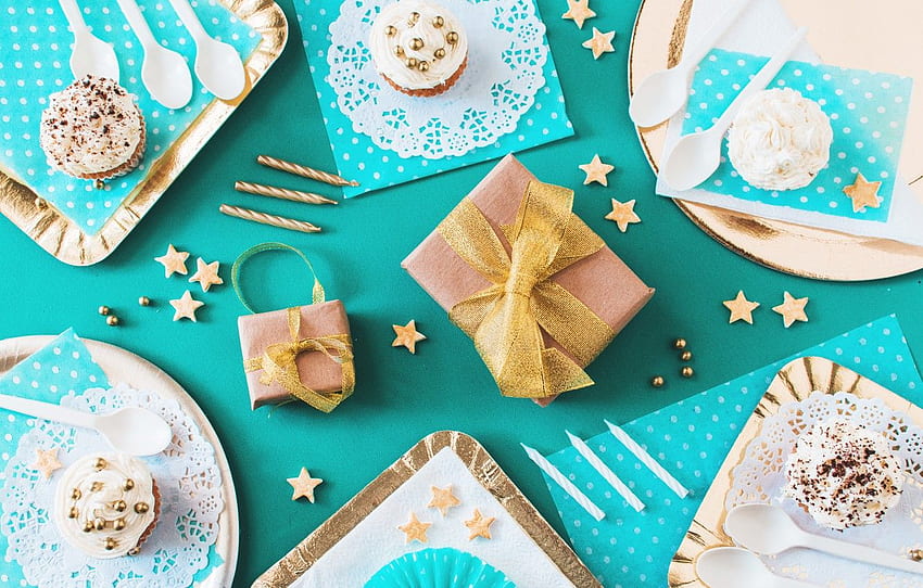 background blue gifts dessert decor Cake, Birtay Gifts HD wallpaper