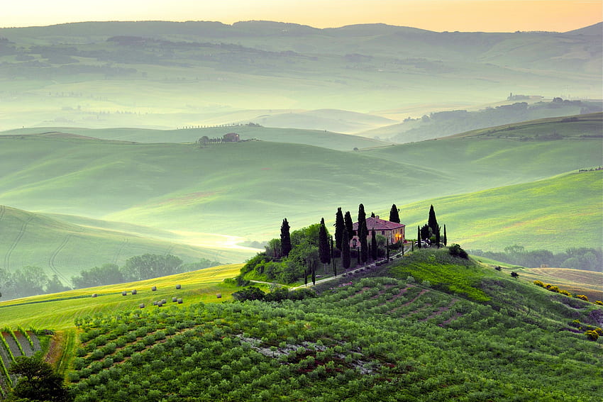 Tuscany, , , Italia, Bukit, padang rumput, rumah, Pemandangan Tuscan Wallpaper HD