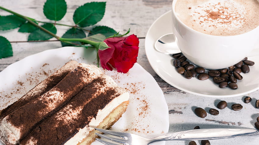 Dessert, tiramisu, cake, coffee, rose U HD wallpaper