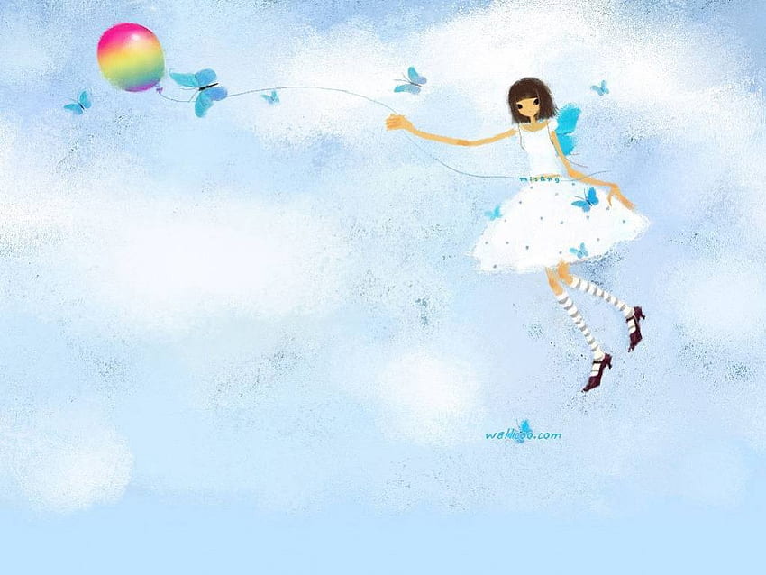 Balloon Fun, butterflies, lady, fun, clouds, sky, balloon HD wallpaper