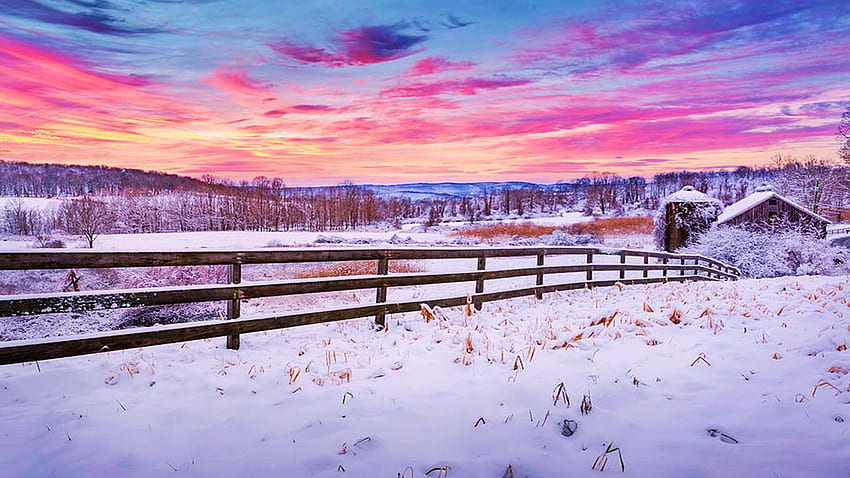 December Sunset At Northweatern Connecticut, winter, snow, fence, colors, trees, landscape, sky, usa HD wallpaper