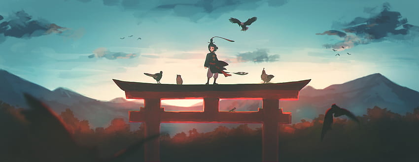 Anime, tramonto, ragazzo e uccelli, arte Sfondo HD