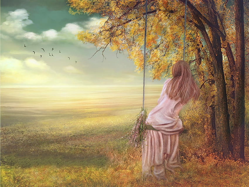 Morning dreams, morning, fantasy, beautiful, girl, horizont, forest, dream, tree HD wallpaper
