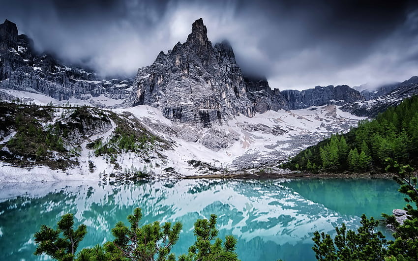 Sorapiss, Dolomites, mountain lake, Alps, Sorapiss Mountain, mountain landscape, evening, sunset, Veneto, Italy HD wallpaper