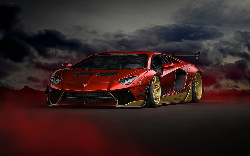 2021, Lamborghini Aventador, LP700-4, czerwony supersamochód, złote koła, tuning Aventador, czerwony LP700-4, włoskie samochody sportowe, Lamborghini Tapeta HD