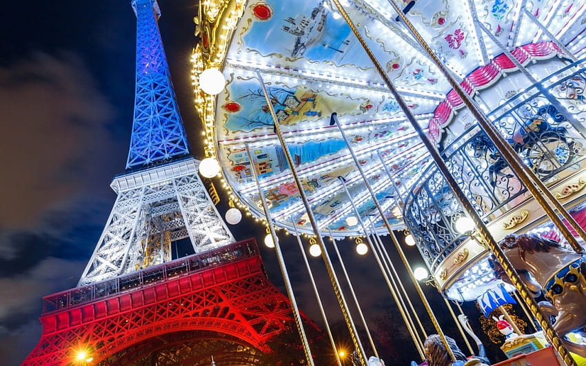 Le Tour Eiffel, mavi, beyaz, paris, ışıklar, kırmızı, tour eiffel, fransa, atlıkarınca HD duvar kağıdı