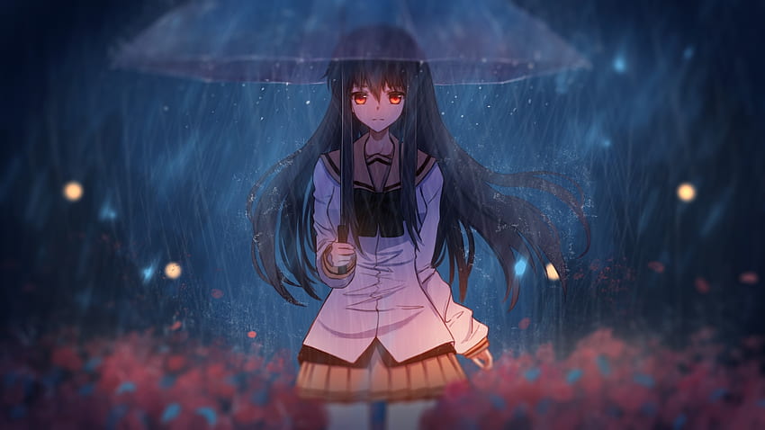 Chica anime bajo la lluvia, con paraguas, arte. fondo de pantalla