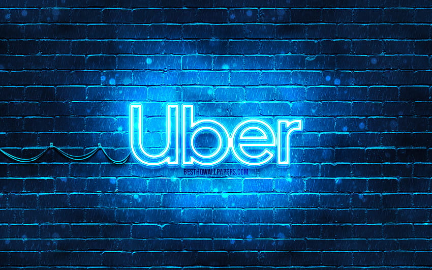 โลโก้ Uber สีน้ำเงิน, ผนังอิฐสีน้ำเงิน, โลโก้ Uber, แบรนด์, โลโก้ Uber นีออน, Uber วอลล์เปเปอร์ HD