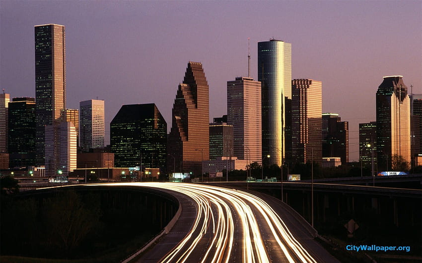 Houston City Skyline With Road Lights, Downtown Houston Skyline HD wallpaper