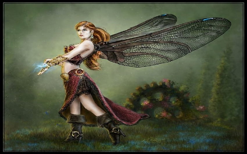 Fairy With Dragonfly Wings, fairy, magic, fantasy, red head, dragonfly wings HD wallpaper