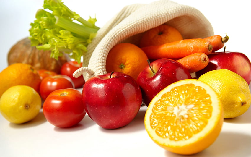 과일, 음식, 사과, 야채, 레몬, 가방, 자루, 당근 HD 월페이퍼