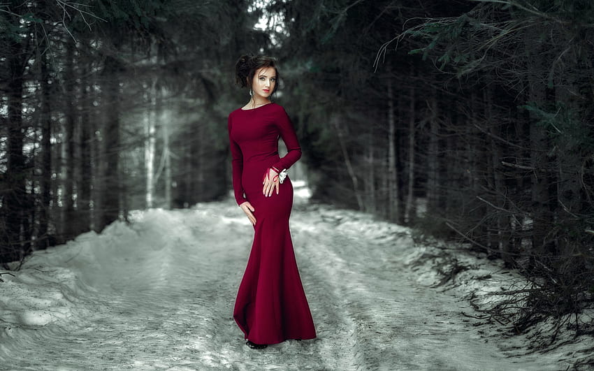 The Woman in Red, model, snow, brunette, red, gown, forest HD wallpaper