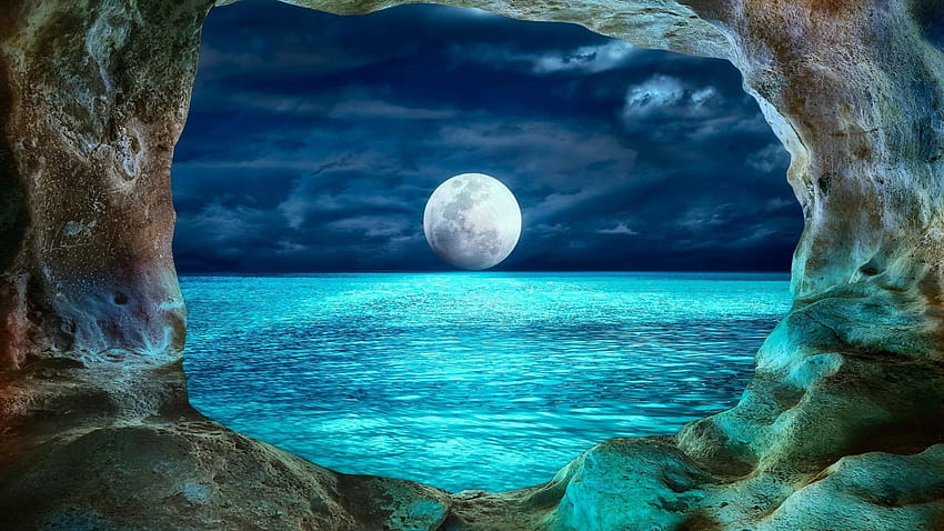 月光の洞窟、夜、空、雲、海、洞窟、月、青 高画質の壁紙