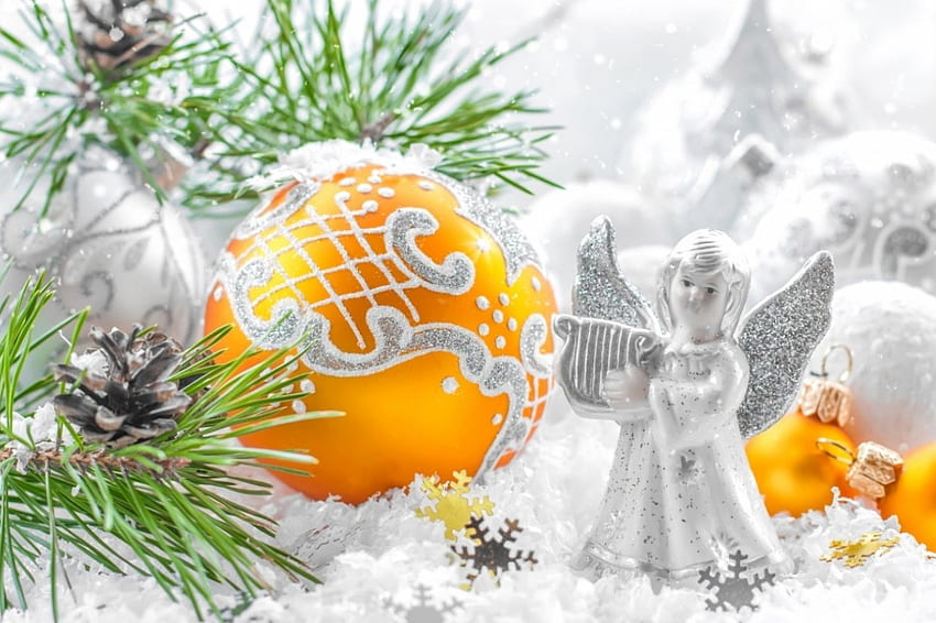 Christmas Decoration, Angel, Balls, Ornaments, decoration, Christmas, Christmas balls, Pine cone, Holidays, Branches HD wallpaper