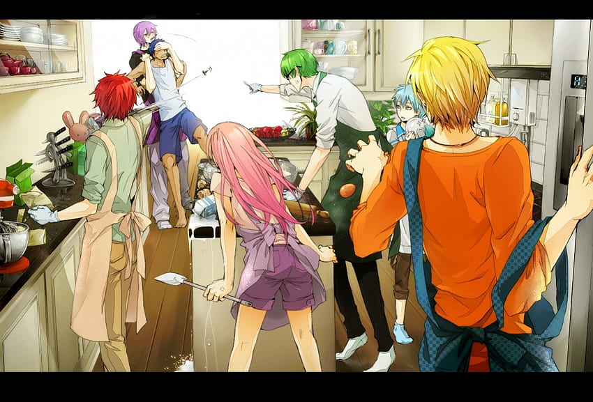 I know you the one doing this MESS!!!, fun, kitchen, long hair, mad, team, apron, group, short hair, mess, knife, male, female, handsome, girl, utensiles, blade, kuroko no basket, scold, anime girl, boy, anime, weapon, funny, angry, guy HD wallpaper