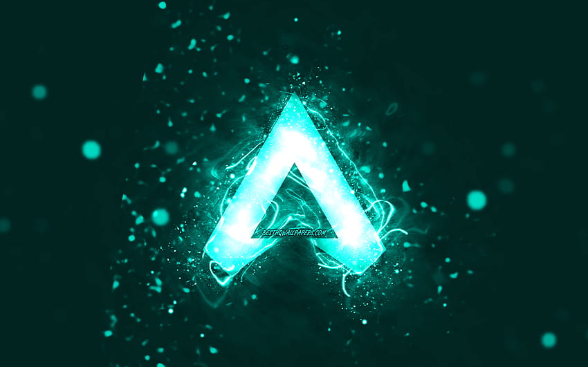 Тюркоазено лого на Apex Legends, тюркоазени неонови светлини, творчески, тюркоазен абстрактен фон, лого на Apex Legends, марки игри, Apex Legends HD тапет