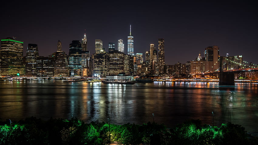 밤에 뉴욕, 도시, 강, 고층 빌딩 - New York, NYC HD 월페이퍼