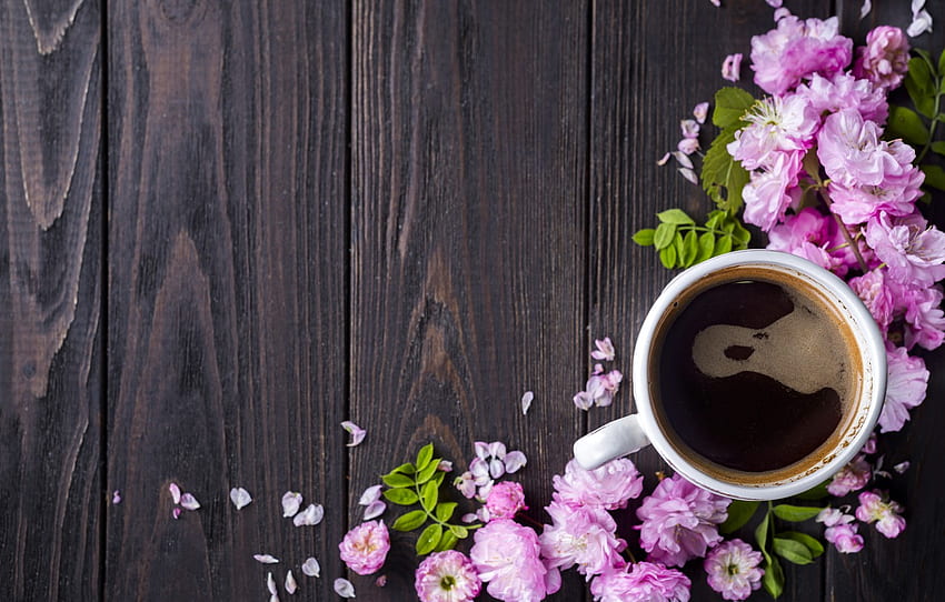 flowers, pink, wood, pink, blossom, flowers, coffee cup, a Cup of coffee for , section цветы, Spring Coffee HD wallpaper