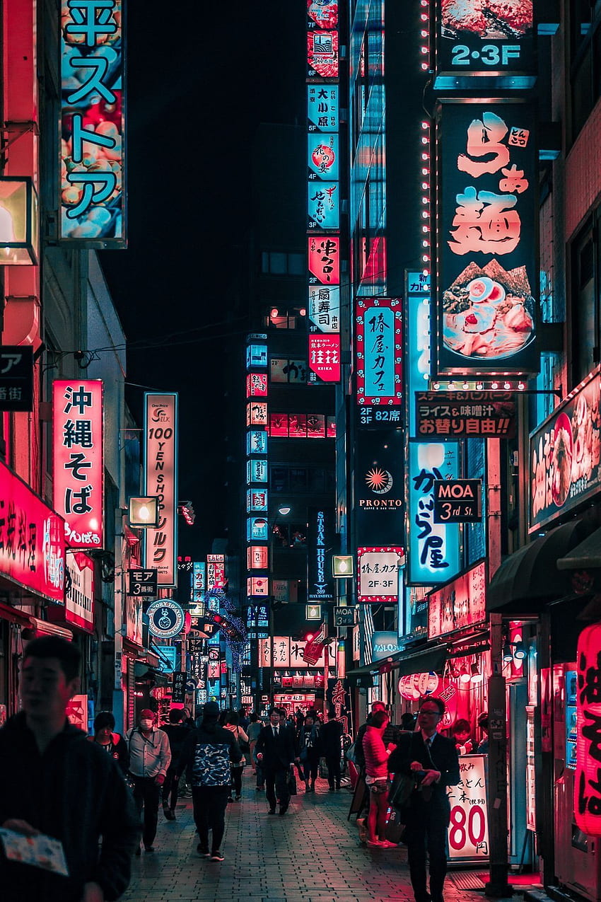 Japońskie miasto - , japońskie tło miasta na nietoperzu, neonowa Japonia Tapeta na telefon HD