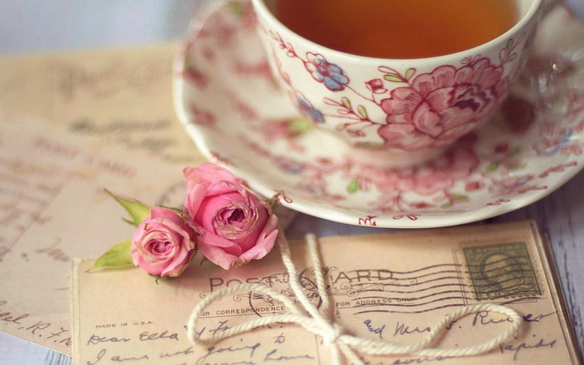 Чай, писма, рози, розови рози, чаша, напитки, чаши, роза, писмо, розово, стари писма, старо, цвете, старо писмо, цветя, питие HD тапет