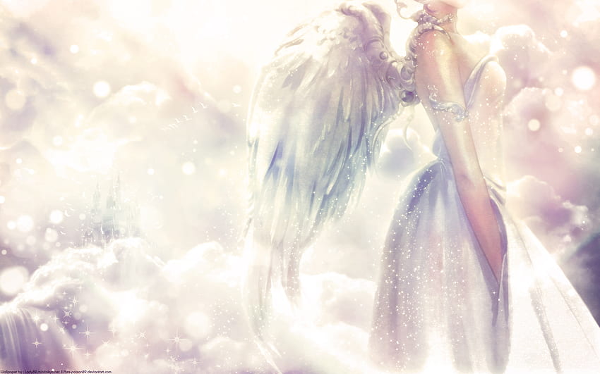Cloud of Angels, anime girl, wings, sunray, bright, alone, sky, angel, cloud HD wallpaper