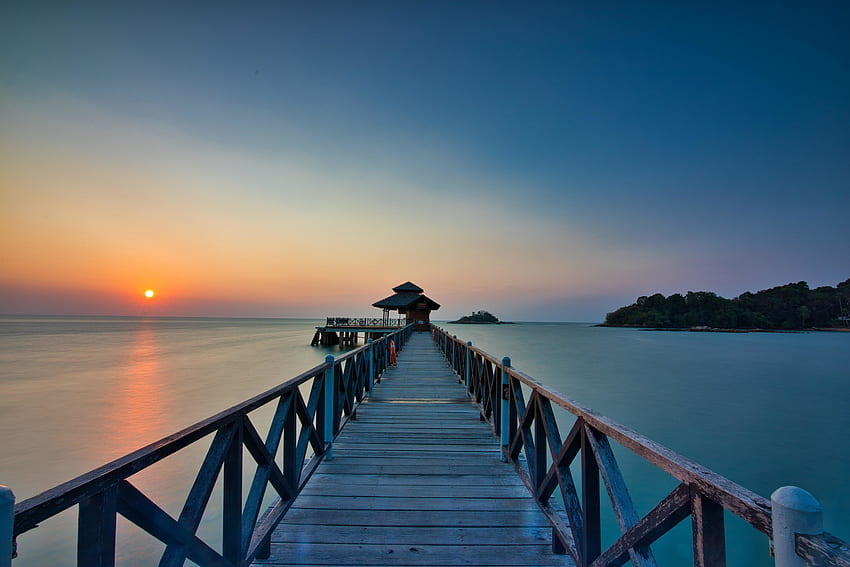 puente de madera, muelle, puesta de sol, playa fondo de pantalla