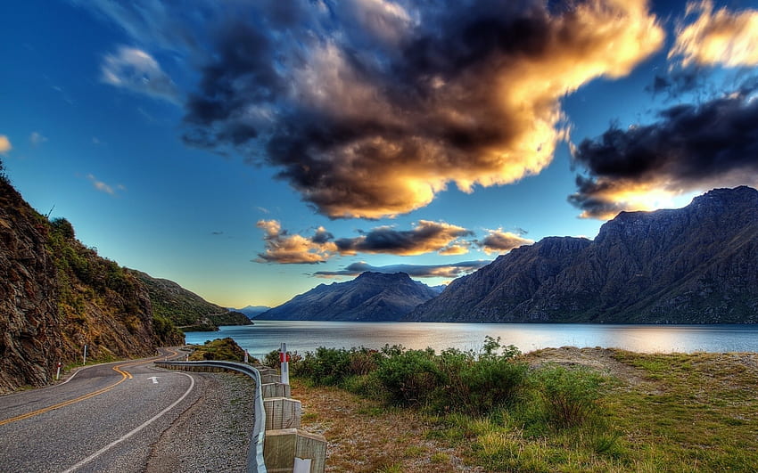 Road, clouds, nature, water, lake HD wallpaper