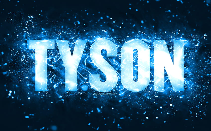 Happy Birtay Tyson, luzes de neon azuis, nome Tyson, criativo, Tyson Happy Birtay, Tyson Birtay, nomes masculinos americanos populares, com o nome Tyson, Tyson papel de parede HD
