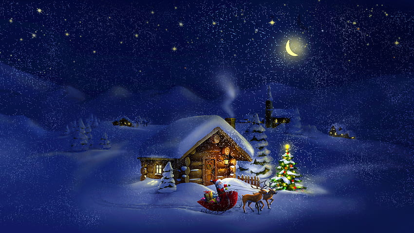 easons, zima, domy, wakacje, boże narodzenie, nowy, rok, jeleń, śnieg, księżyc, boże narodzenie, drzewo, noc, święty mikołaj, przyroda / i mobilne tło Tapeta HD